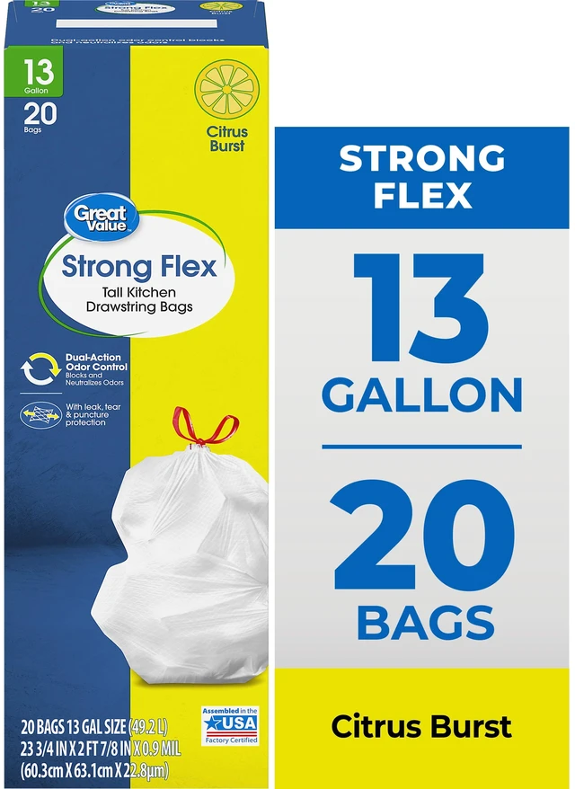 Main image of Great Value Strong Flex 13-Gallon Drawstring Tall Kitchen Trash Bags, Citrus Burst, 20 Count