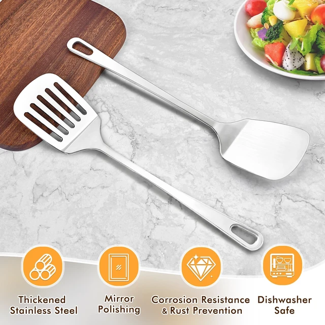Alt view image 5 of 7 - 2 Pcs Stainless Steel Spatulas Set, Metal Spatula Solid & Slotted Turner, Heavy Duty Sturdy Spatula for Kitchen Use, High Heat Resistant Cooking Utensils for Fish Eggs Pancakes, Easy to Clean, Silver