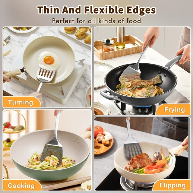 Alt view image 7 of 7 - 2 Pcs Stainless Steel Spatulas Set, Metal Spatula Solid & Slotted Turner, Heavy Duty Sturdy Spatula for Kitchen Use, High Heat Resistant Cooking Utensils for Fish Eggs Pancakes, Easy to Clean, Silver