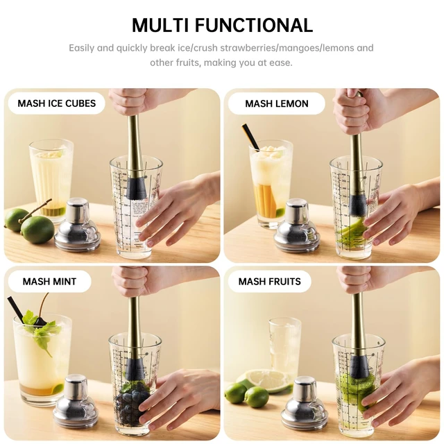 Alt view image 3 of 6 - 8 Inch Stainless Steel Cocktail Muddler and Mixing Spoon Home Bar Tool Set - Create Delicious Mojitos Old Fashioned/Mint Julep/Other Fruit Based Drinks (Gold)