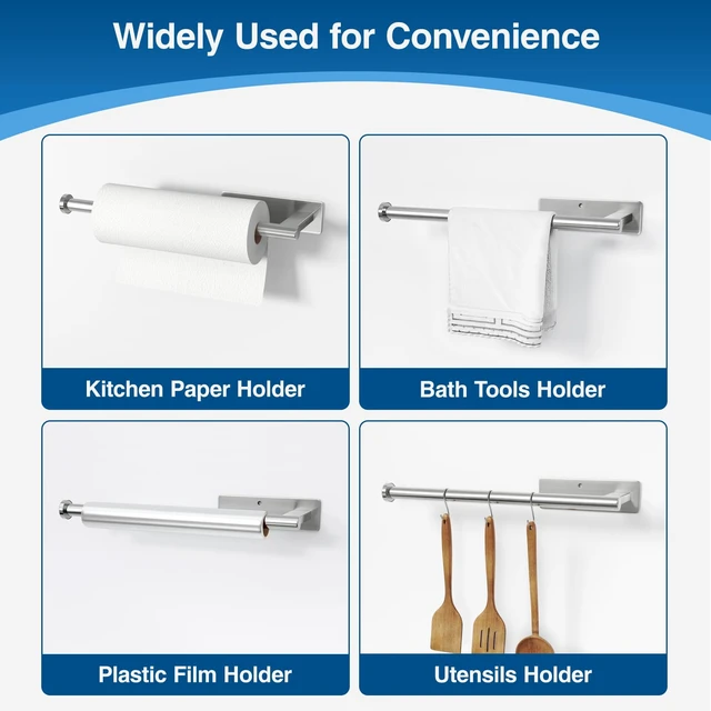 Alt view image 7 of 7 - Paper Towel Holder Under Cabinet - Stainless Steel Paper Towel Holder Wall Mount, Self-Adhesive or Drilling, Silver Towel Rack for Kitchen Organization and Storage, Kitchen Paper Roll Holder