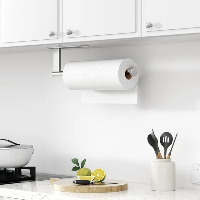 Alt view image 4 of 7 - Paper Towel Holder Under Cabinet - Stainless Steel Paper Towel Holder Wall Mount, Self-Adhesive or Drilling, Silver Towel Rack for Kitchen Organization and Storage, Kitchen Paper Roll Holder