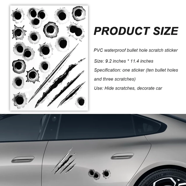 Alt view image 5 of 6 - 3D Bullet Hole Car Stickers, Ultra-Realistic Fake Bullet Hole Auto Body Scratch Decal, Waterproof PVC Fake Hole Sticker Automotive Tattoo Decoration for Bumper Window Helmet (Style A)