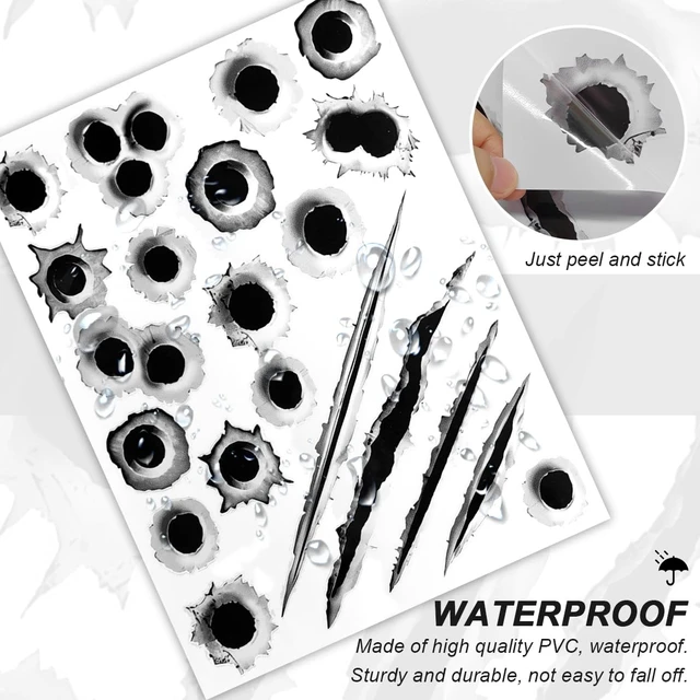 Alt view image 2 of 6 - 3D Bullet Hole Car Stickers, Ultra-Realistic Fake Bullet Hole Auto Body Scratch Decal, Waterproof PVC Fake Hole Sticker Automotive Tattoo Decoration for Bumper Window Helmet (Style A)