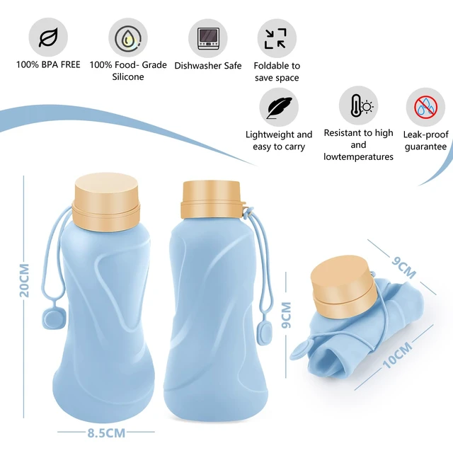 Alt view image 3 of 6 - Collapsible Water Bottles,650ml,Leak Proof,Reuseable BPA Free Silicone Foldable Water Bottles,Durable Lightweight for Travel Gym Camping Hiking,Compact Size Portable Sports Water Bottle (Blue)