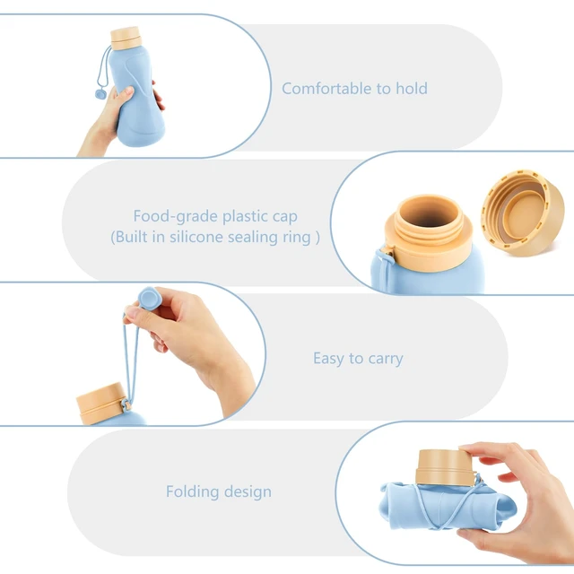 Alt view image 5 of 6 - Collapsible Water Bottles,650ml,Leak Proof,Reuseable BPA Free Silicone Foldable Water Bottles,Durable Lightweight for Travel Gym Camping Hiking,Compact Size Portable Sports Water Bottle (Blue)