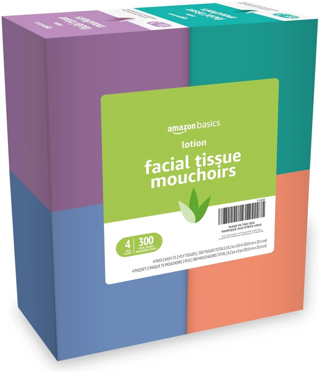 Main image of Amazon Basics Facial Tissues with Lotion, 2-Ply, 300 Count (4 Boxes, 75 Tissues per Box), Packaging May Vary