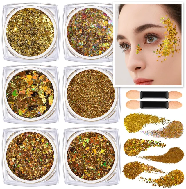 Main image of Teenitor Face Glitter Body Glitter, Gold Body Glitter Gel, Hair Glitter Gel, 6 Shapes Rave Glitter, Festival Makeup Glitters Gel, Chunky Sparkling Glitter Gel for Face, Body, Hair