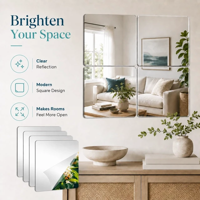 Alt view image 6 of 7 - 4 Packs Peel and Stick Mirrors for Wall, Self Adhesive Acrylic Mirror Tiles
