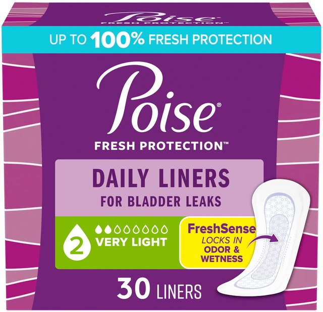 Main image of Poise Daily Liners, Incontinence Panty Liners for Bladder Leaks, 2 Drop Very Light Absorbency, Regular Length, 30 Count of Pantiliners, Packaging May Vary