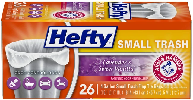 Main image of Hefty Small Trash Bags, Flap Tie, Lavender & Sweet Vanilla Scent, 4 Gallon, 26 Count