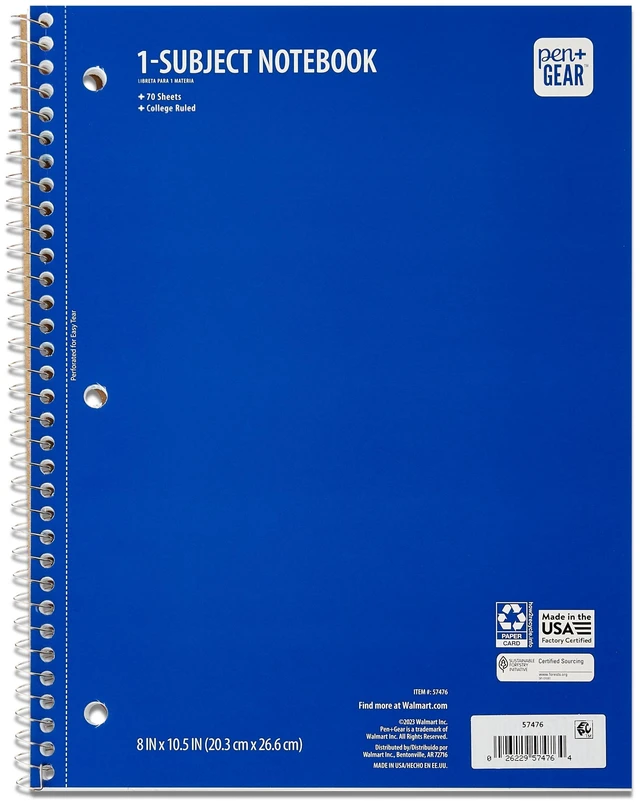 Main image of Pen+Gear 1-Subject Spiral Notebook, College Ruled, 8 in x 10.5 in, Blue, 70 Sheets
