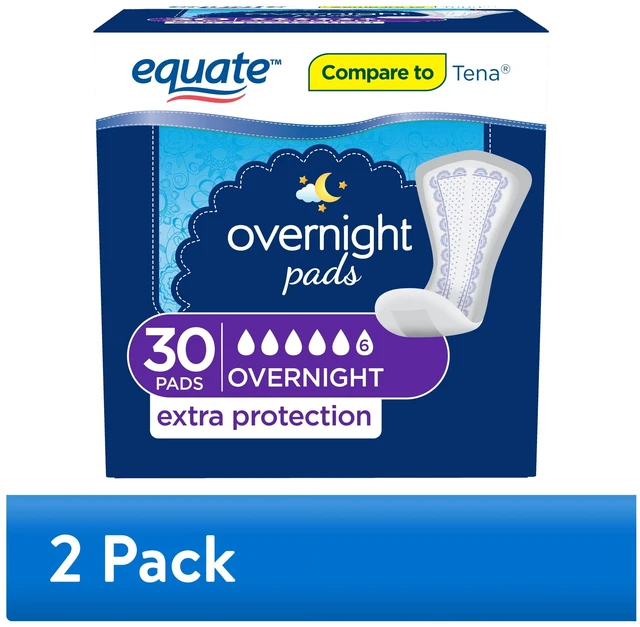 Main image of (2 pack) (2 pack) Equate Women's Overnight Incontinence Pads, Ultimate Absorbency 30 count (Total 60 Count), Compare to Tena®