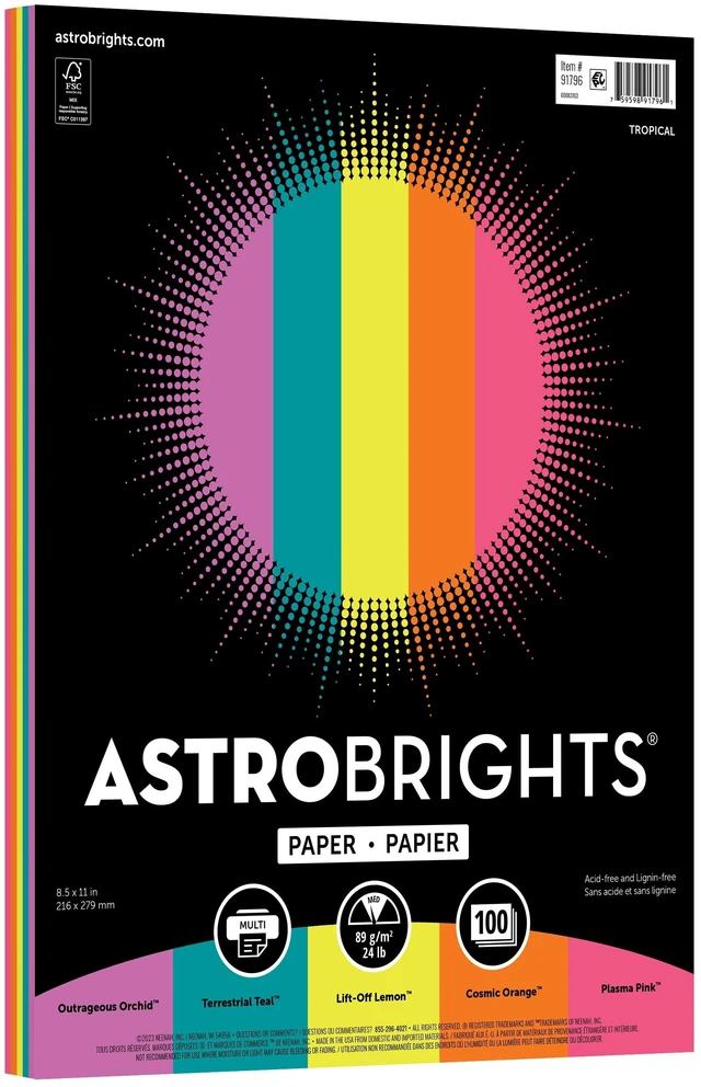 Main image of Astrobrights Colored Paper, 8.5" x 11", 24 lb./89 Gsm, Tropical Assortment, 100 Sheets