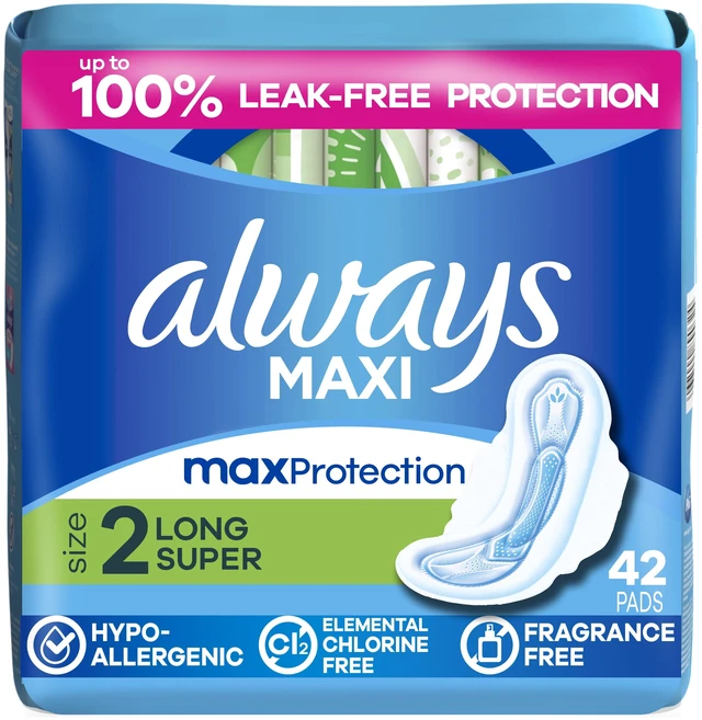 Main image of Always Maxi Pads with Wings, Size 2, Long Super Absorbency, 42 count