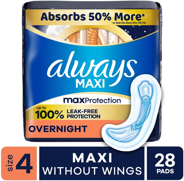 Main image of Always Maxi Pads without Wings, Size 4, Overnight Absorbency, 28 count