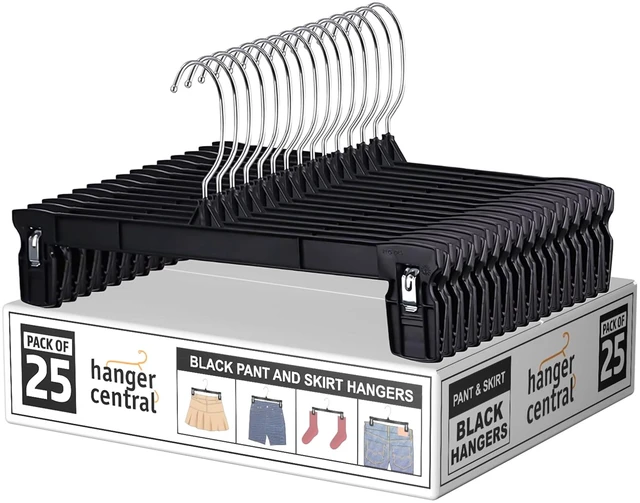 Main image of Hanger Central 25 Pack 12 Inch Plastic Pants Hangers with Extra Long Clips in Black