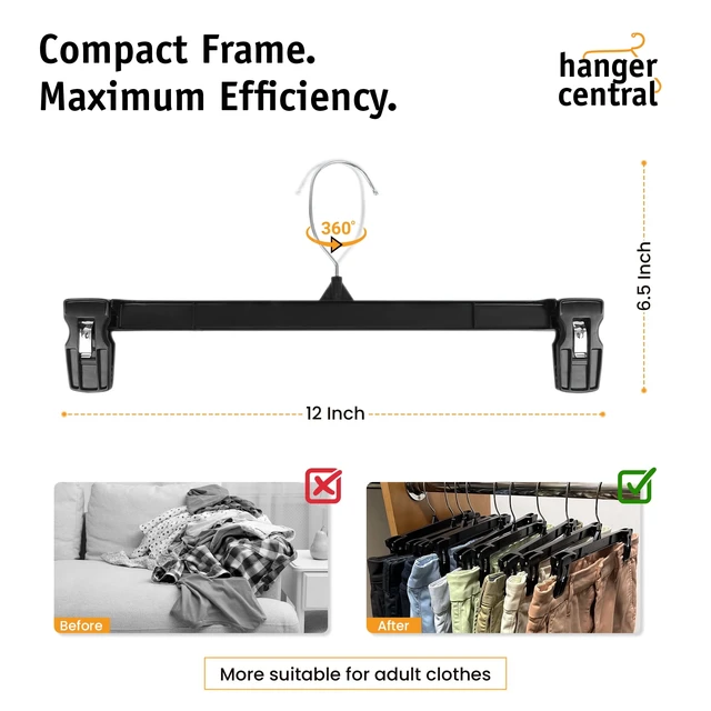 Alt view image 3 of 6 - Hanger Central 25 Pack 12 Inch Plastic Pants Hangers with Extra Long Clips in Black