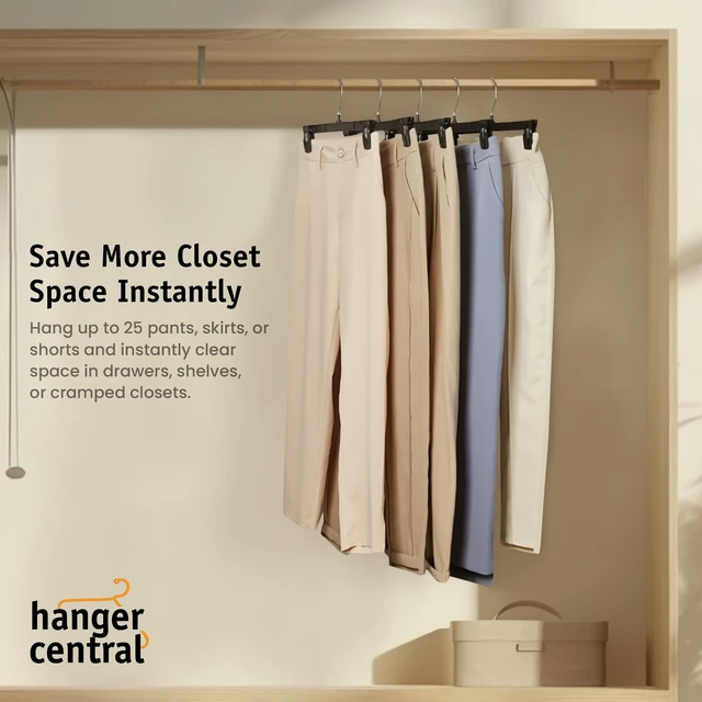 Alt view image 4 of 6 - Hanger Central 25 Pack 12 Inch Plastic Pants Hangers with Extra Long Clips in Black