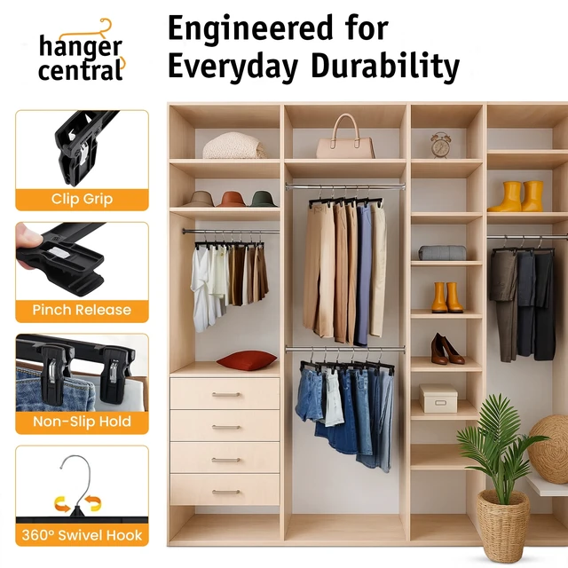 Alt view image 6 of 6 - Hanger Central 25 Pack 12 Inch Plastic Pants Hangers with Extra Long Clips in Black