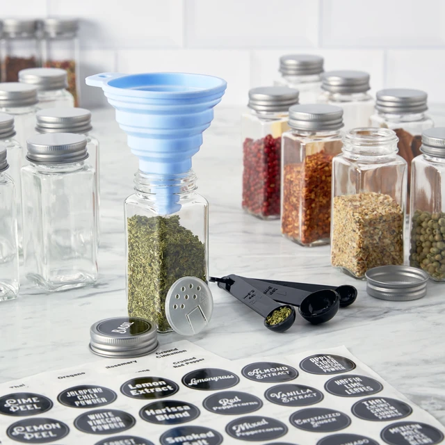 Alt view image 5 of 6 - Kamenstein 24 Piece Empty 4 oz. Glass Jars Kitchen Spice Set Organizer and Jar Filling Kit