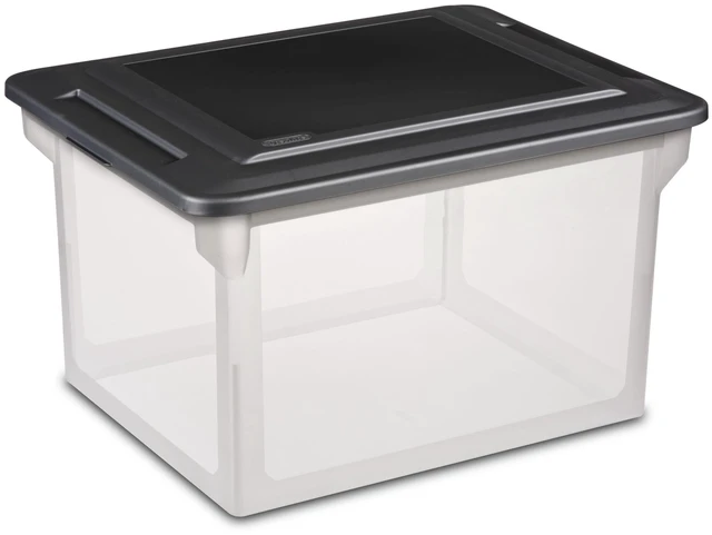 Main image of Sterilite File Box, Clear Plastic Bin with Black Lid, Letter or Legal-sized File Storage, Black