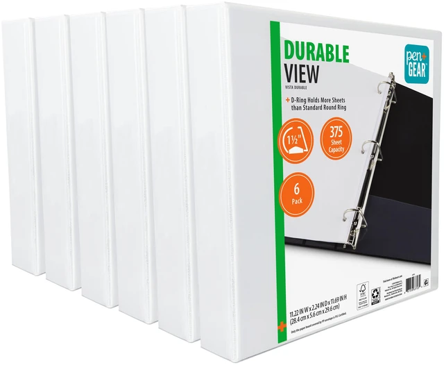 Main image of Pen+Gear Durable View 3-Ring Binder, 1.5 in Slanted D-Rings, White, 6 Pack