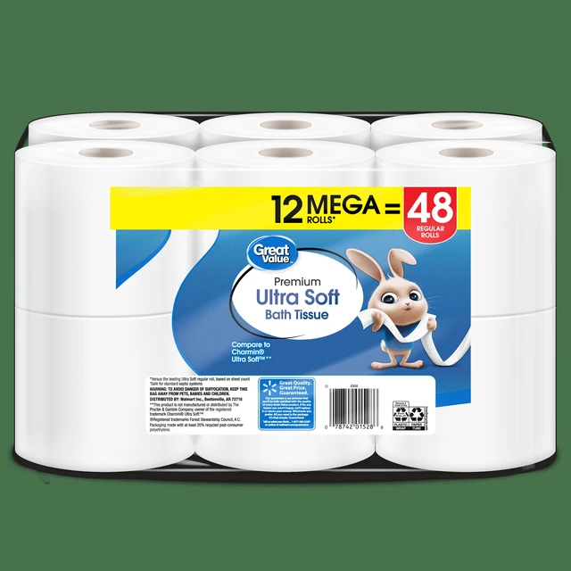 Alt view image 4 of 6 - Great Value Ultra Soft Toilet Paper, 12 Mega Rolls, Compare to Charmin® Ultra Soft