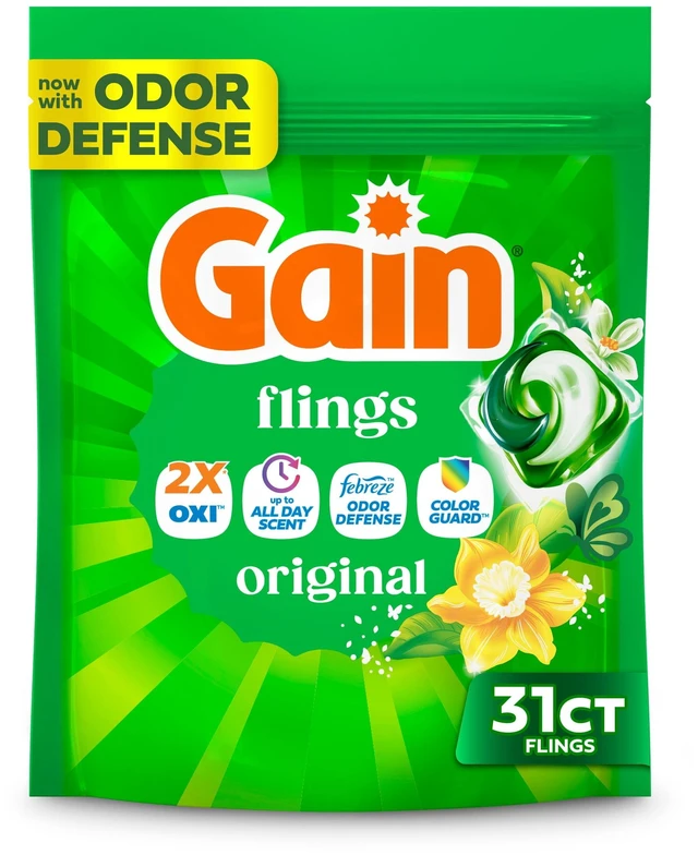 Main image of Gain Flings Laundry Detergent Soap Pacs, 4-in-1 Oxi Boost and Febreze, Original Scent, 31 Count