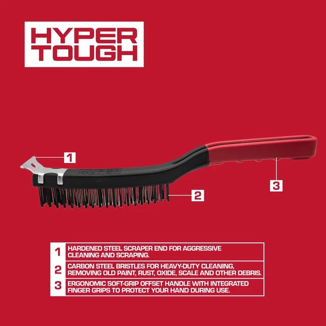 Alt view image 5 of 6 - Hyper Tough Wire Brush with Scraper, Carbon Steel, 3 x 19 Rows