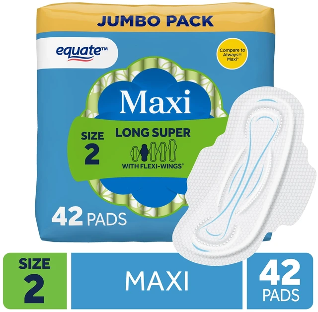Main image of Equate Maxi Pads with Flexi-Wings, Long Super Absorbency, Size 2, 42 Count