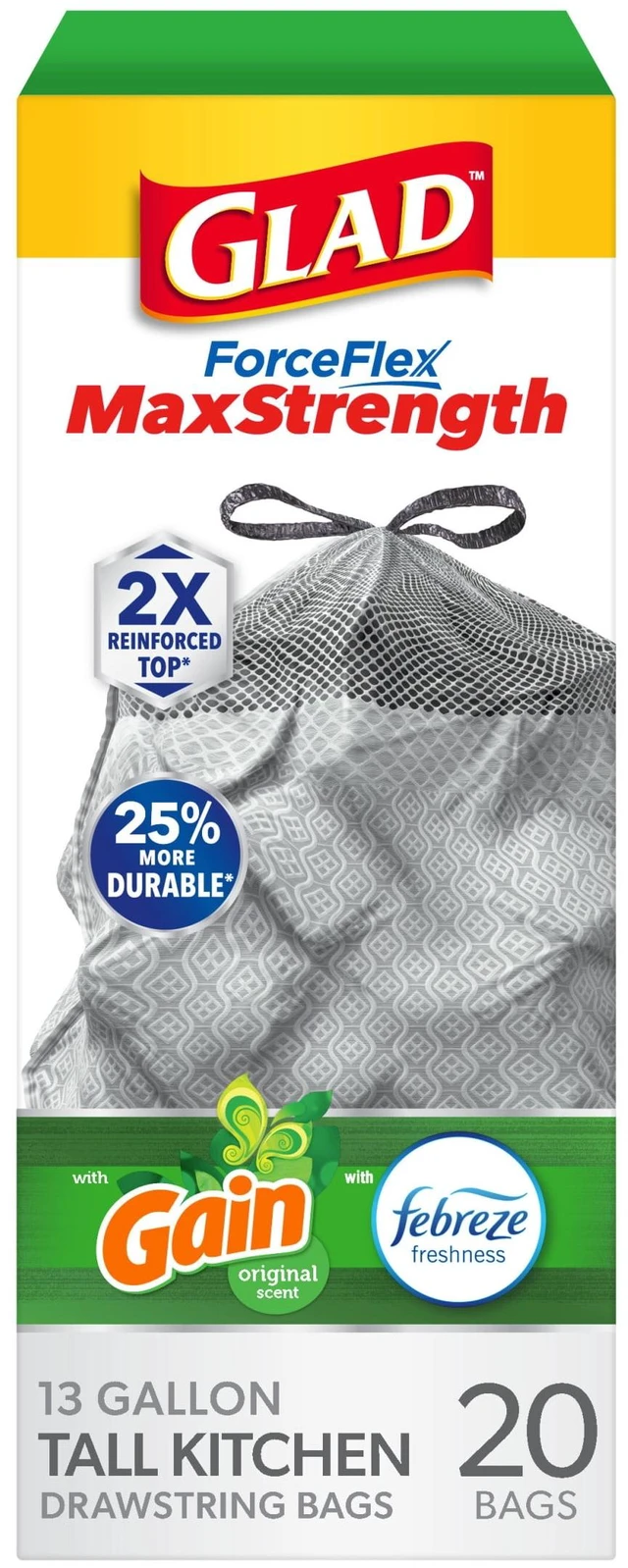 Main image of Glad ForceFlex MaxStrength 13-Gallon Drawstring Tall Trash Bags, Gain Original Scent, 20 Bags