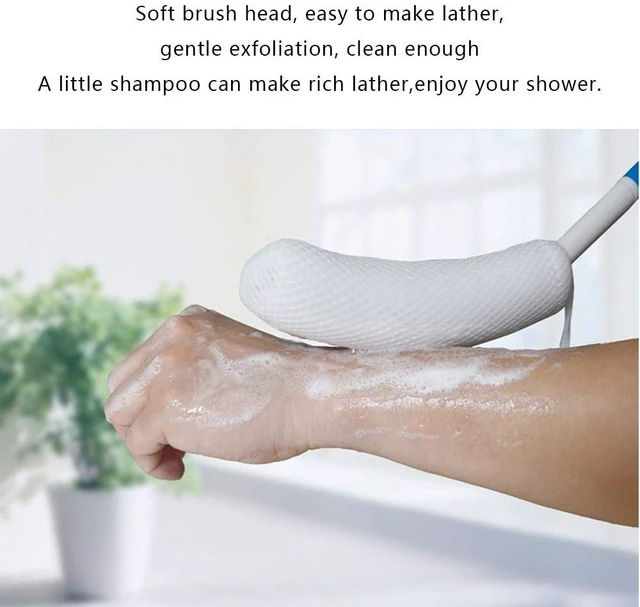 Alt view image 5 of 6 - MagiDeal Vinyl Quote Me Long Anti-Slip Curve Handled Bath Body Brush, Easy Reach for Seniors, Suitable for Elderly/Pregnant Aid Bathing & Shower, Blue, 15.35"
