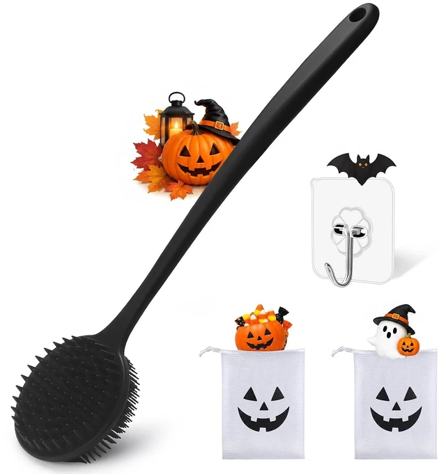 Main image of Silicone Body Scrubber for Shower Men Women Dual-Sided Exfoliating & Massage Shower Brush with Long Handle, Creates Rich Lather, Includes 1 Hook & 2 Lather Balls (Black).