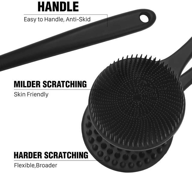 Alt view image 4 of 6 - Silicone Body Scrubber for Shower Men Women Dual-Sided Exfoliating & Massage Shower Brush with Long Handle, Creates Rich Lather, Includes 1 Hook & 2 Lather Balls (Black).