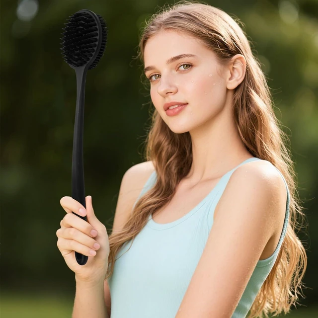 Alt view image 3 of 6 - Silicone Body Scrubber for Shower Men Women Dual-Sided Exfoliating & Massage Shower Brush with Long Handle, Creates Rich Lather, Includes 1 Hook & 2 Lather Balls (Black).