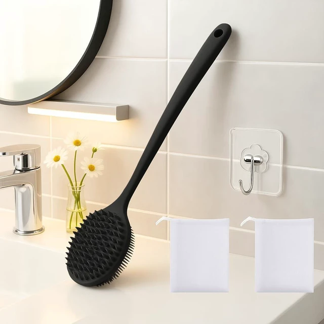 Alt view image 6 of 6 - Silicone Body Scrubber for Shower Men Women Dual-Sided Exfoliating & Massage Shower Brush with Long Handle, Creates Rich Lather, Includes 1 Hook & 2 Lather Balls (Black).