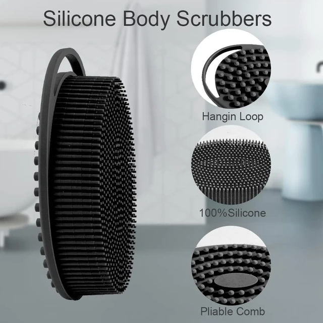 Alt view image 3 of 6 - Soft Silicone Body Scrubber 2 PCS Silicone Body Shower, Silicone Loofah 2 in 1 Bath and Shampoo Brush, Body Scrubber Shower Cleaning Exfoliating Use for Sensitive Skin, Lather Well(Black and Pink)