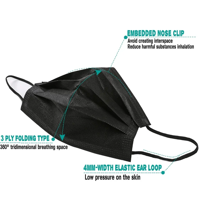 Alt view image 5 of 6 - Wecolor 100 PCS Black Masks, Disposable Face Mask, 3 Ply Protection Masks