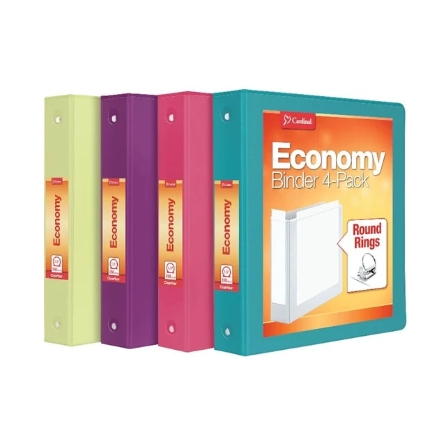 Main image of Cardinal 3 Ring Binders, Binders for School and Office, Durable 1.5 Inch, Round Rings, Holds 350 Sheets, ClearVue Presentation View, Non-Stick, Assorted Bright Colors, 4 Pack (79553)