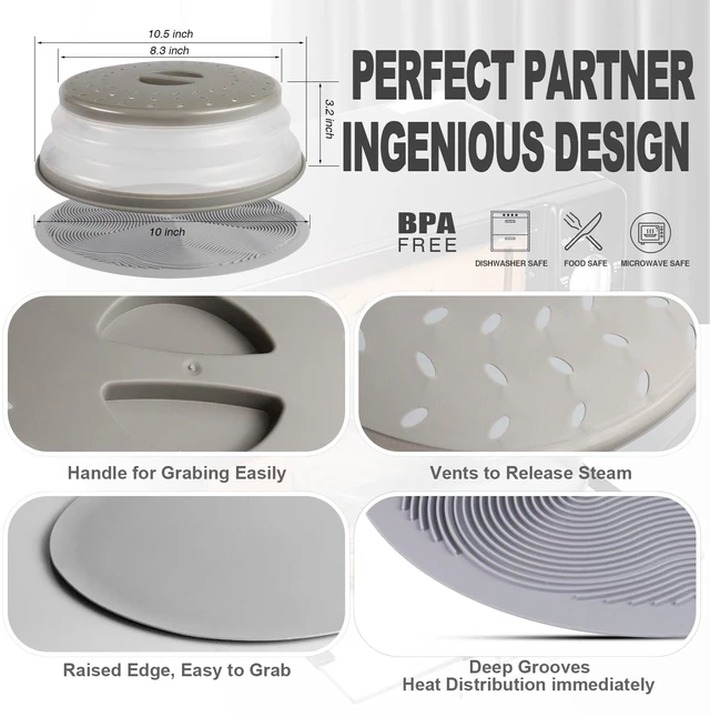 Alt view image 3 of 6 - 2 in 1, Aidacom Microwave Splatter Cover for Food & Silicone Microwave Mat, Mat as Bowl Holder, Trivet, Pot Holders, Drying, Baking, Utensils Rest for Kitchen Counter, Dishwasher Safe, Grey
