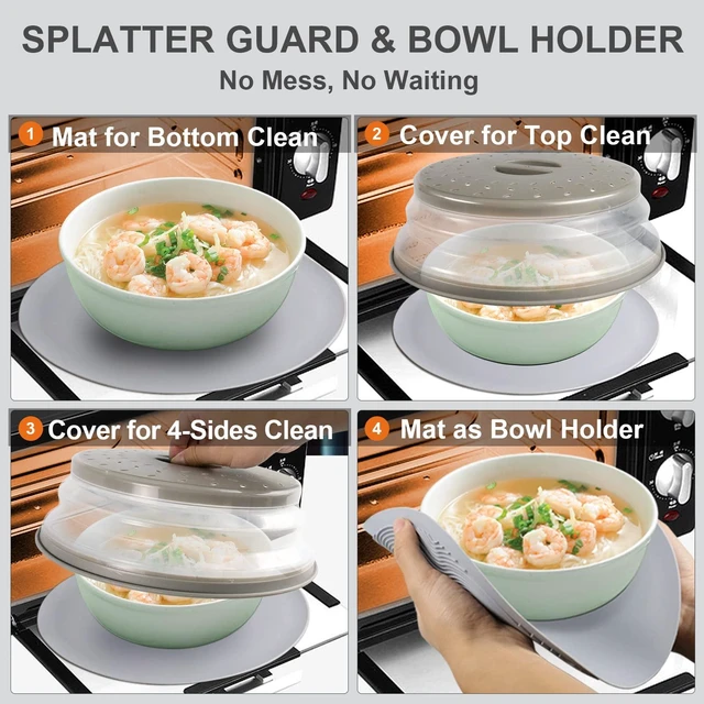 Alt view image 2 of 6 - 2 in 1, Aidacom Microwave Splatter Cover for Food & Silicone Microwave Mat, Mat as Bowl Holder, Trivet, Pot Holders, Drying, Baking, Utensils Rest for Kitchen Counter, Dishwasher Safe, Grey