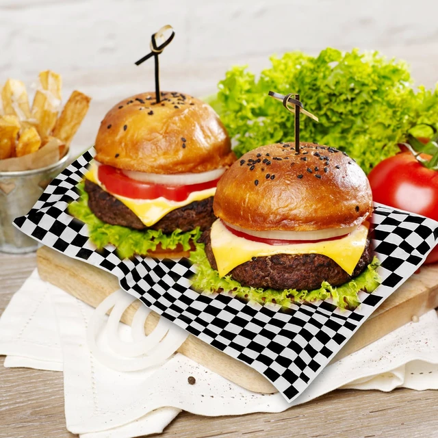 Alt view image 6 of 7 - 100pcs Deli Paper Sheets 12x12", Premium Food Basket Liners, Grease Resistant Wax Paper Sheets for Food, Classic Checkered Sandwich Wrapping Paper (Black & White Checkered)