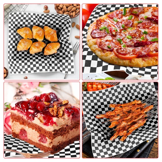 Alt view image 4 of 7 - 100pcs Deli Paper Sheets 12x12", Premium Food Basket Liners, Grease Resistant Wax Paper Sheets for Food, Classic Checkered Sandwich Wrapping Paper (Black & White Checkered)
