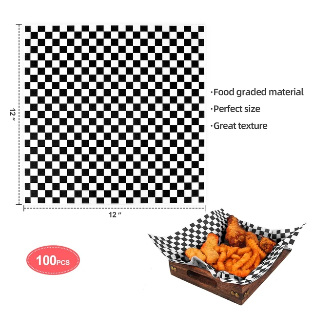 Alt view image 7 of 7 - 100pcs Deli Paper Sheets 12x12", Premium Food Basket Liners, Grease Resistant Wax Paper Sheets for Food, Classic Checkered Sandwich Wrapping Paper (Black & White Checkered)