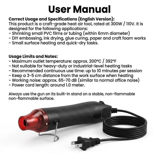 Alt view image 5 of 6 - QWORK Mini Heat Gun, 300W Portable Hot Air Tool for Crafts, Epoxy Resin, Shrink Tubing & DIY, with Stand 110V