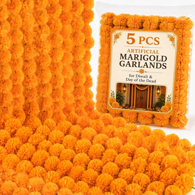Main image of RAINFLOW 5PCS Artificial Marigold Garland - Light Orange Garlands for Decor