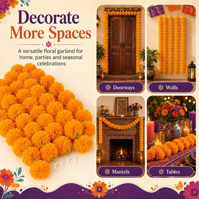 Alt view image 4 of 6 - RAINFLOW 5PCS Artificial Marigold Garland - Light Orange Garlands for Decor