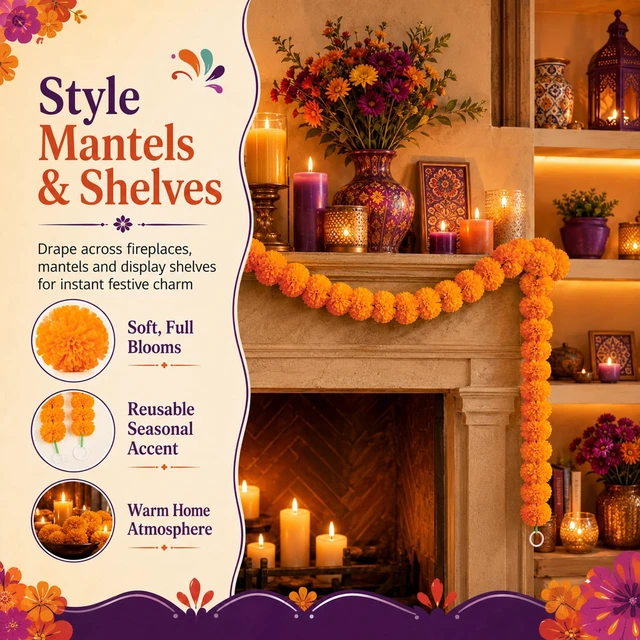 Alt view image 5 of 6 - RAINFLOW 5PCS Artificial Marigold Garland - Light Orange Garlands for Decor