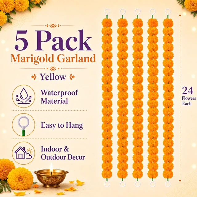 Alt view image 3 of 6 - RAINFLOW 5PCS Artificial Marigold Garland - Light Orange Garlands for Decor